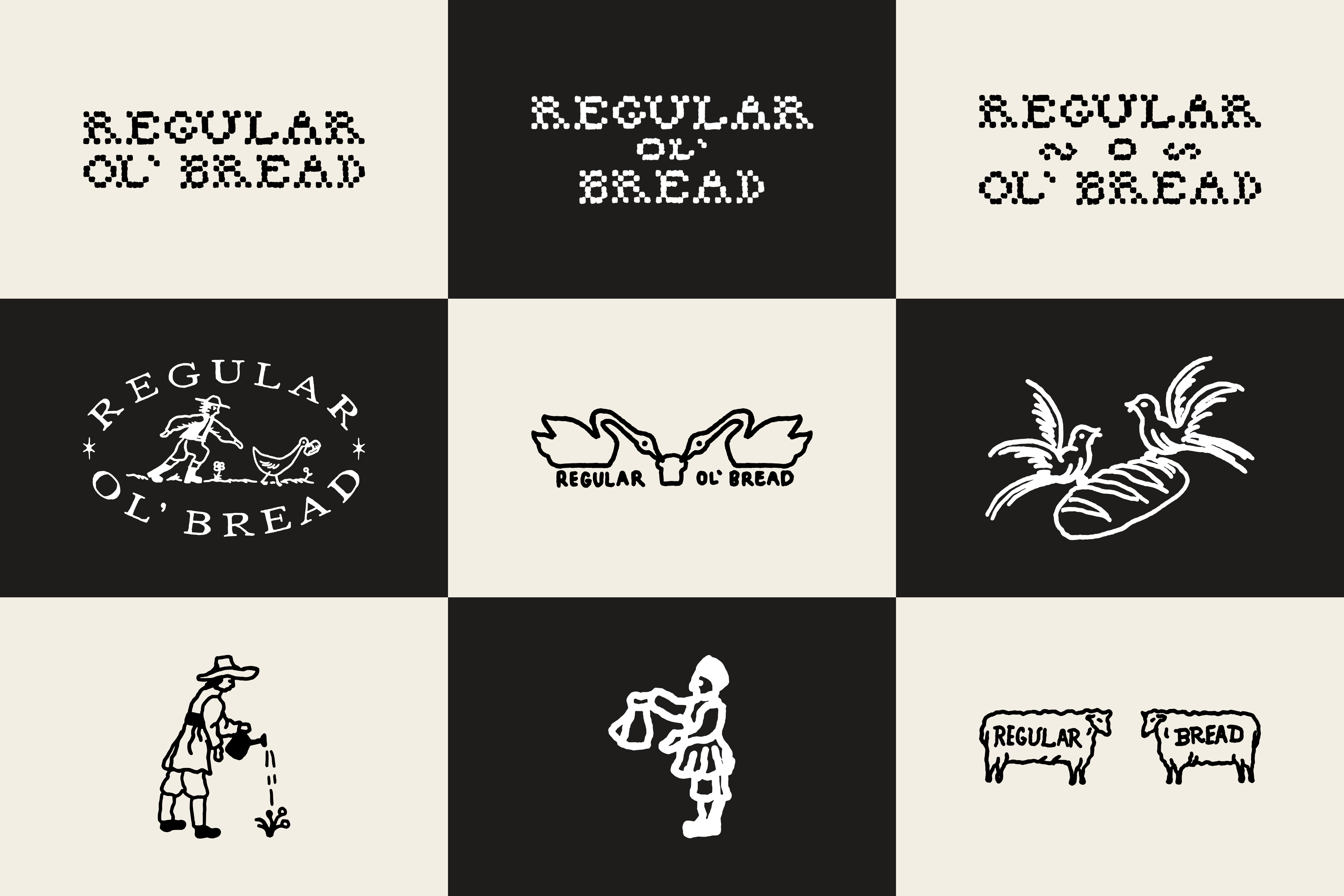 All nine Regular Ol' Bread pieces in a checkerboard of cream and black squares, showing three wordmarks, the badge, the swan mark, and four illustrations.