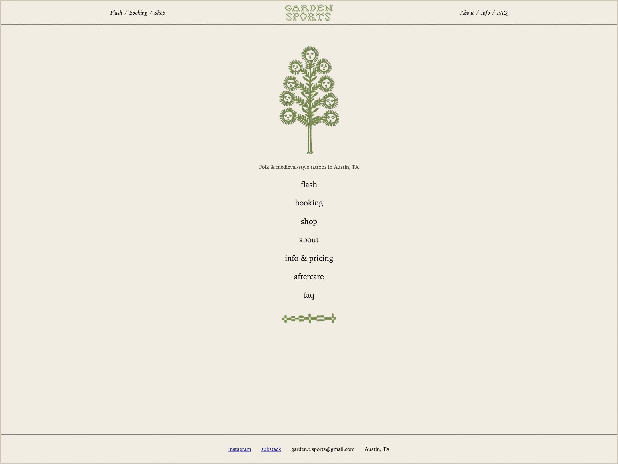 The Garden Sports home page, a green hand-drawn tree with sun faces above a centered list of links.