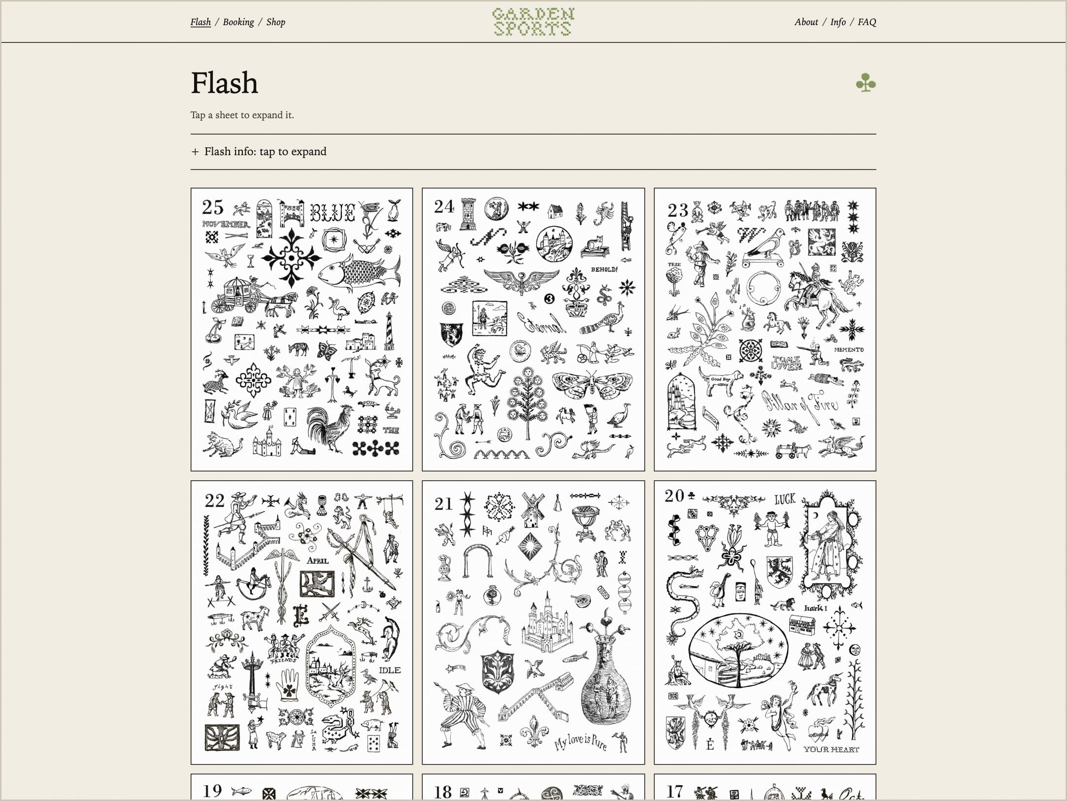 The flash page, showing tattoo flash sheets in a three-column grid.