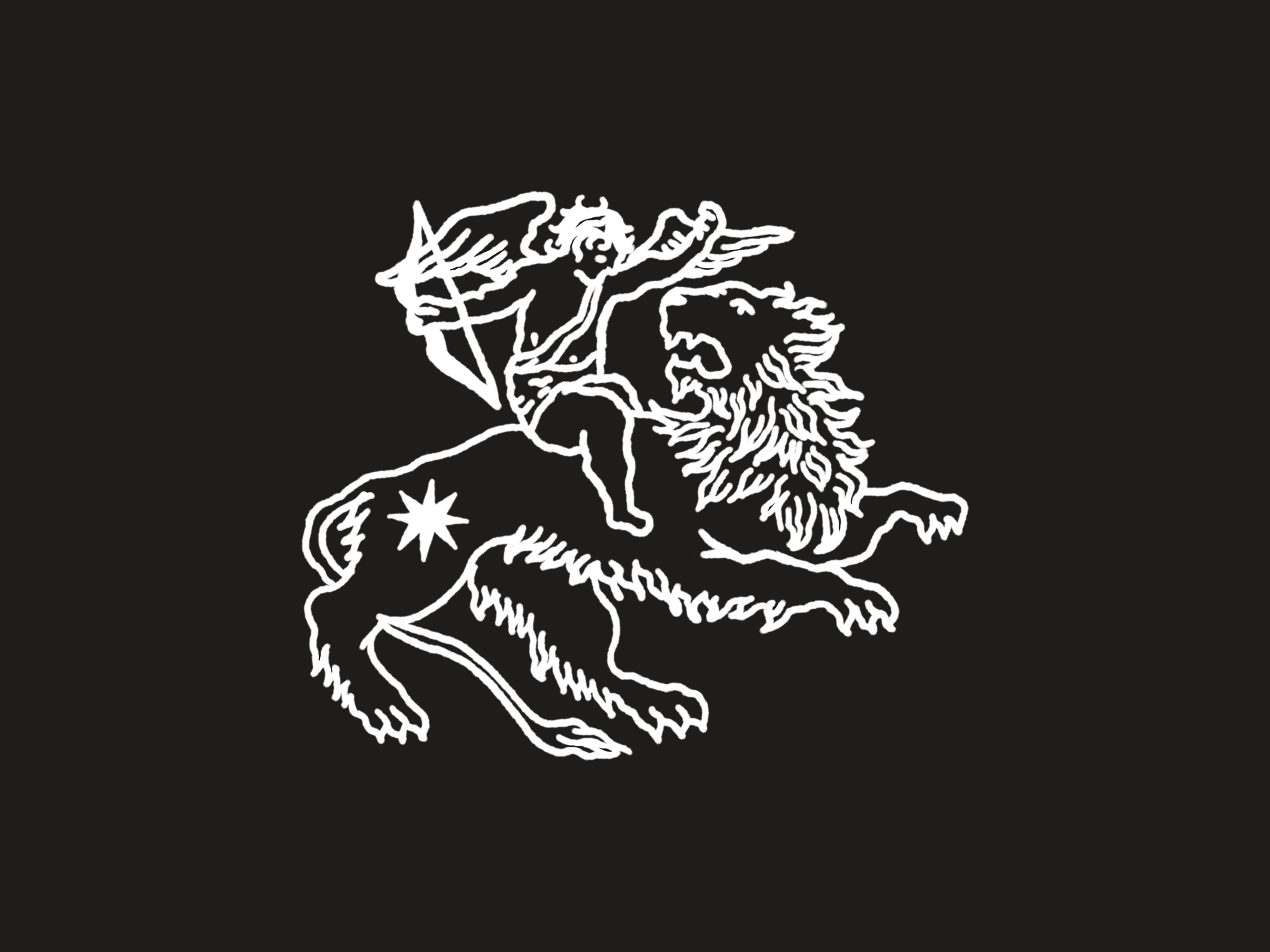 The lion and cherub illustration in white line on near-black, with a small star on the lion's side.