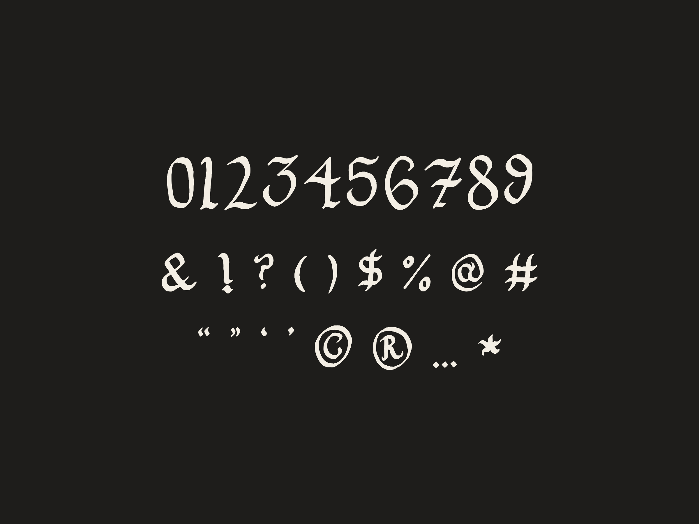 The figures 0 to 9 above a row of punctuation and symbols, including ampersand, question mark, dollar, percent, at and copyright signs, cream on near-black.