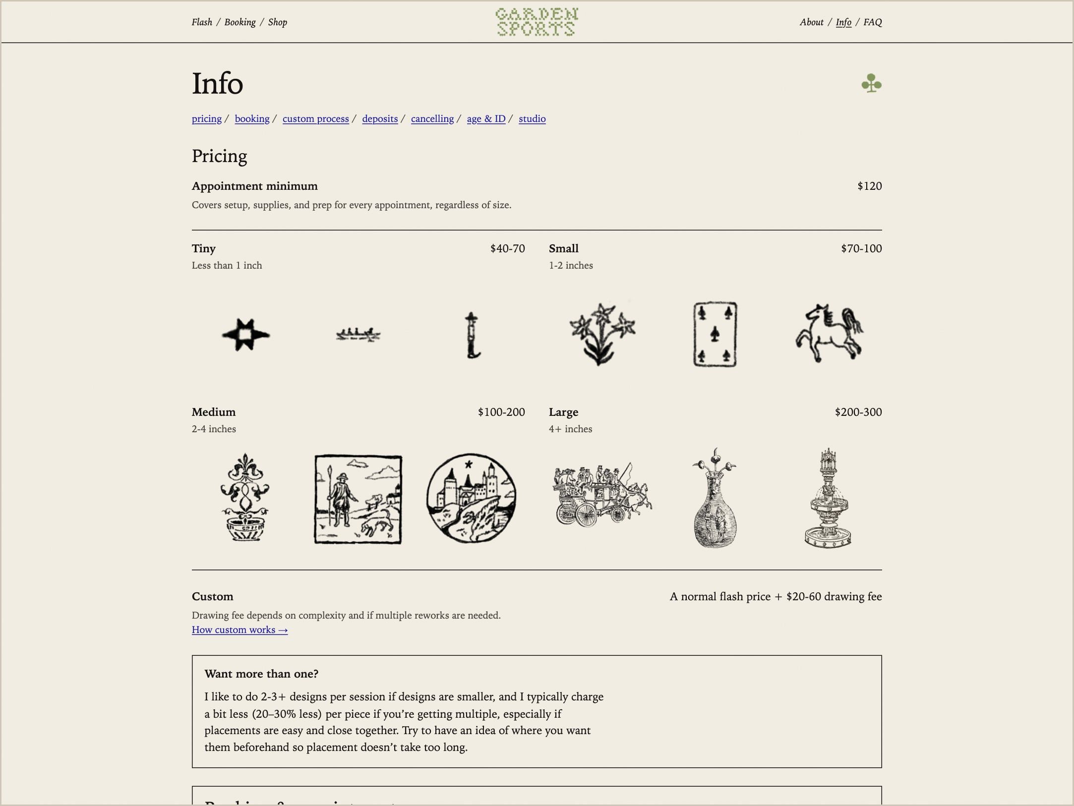 The info page, with pricing tiers illustrated by flash designs at each size.