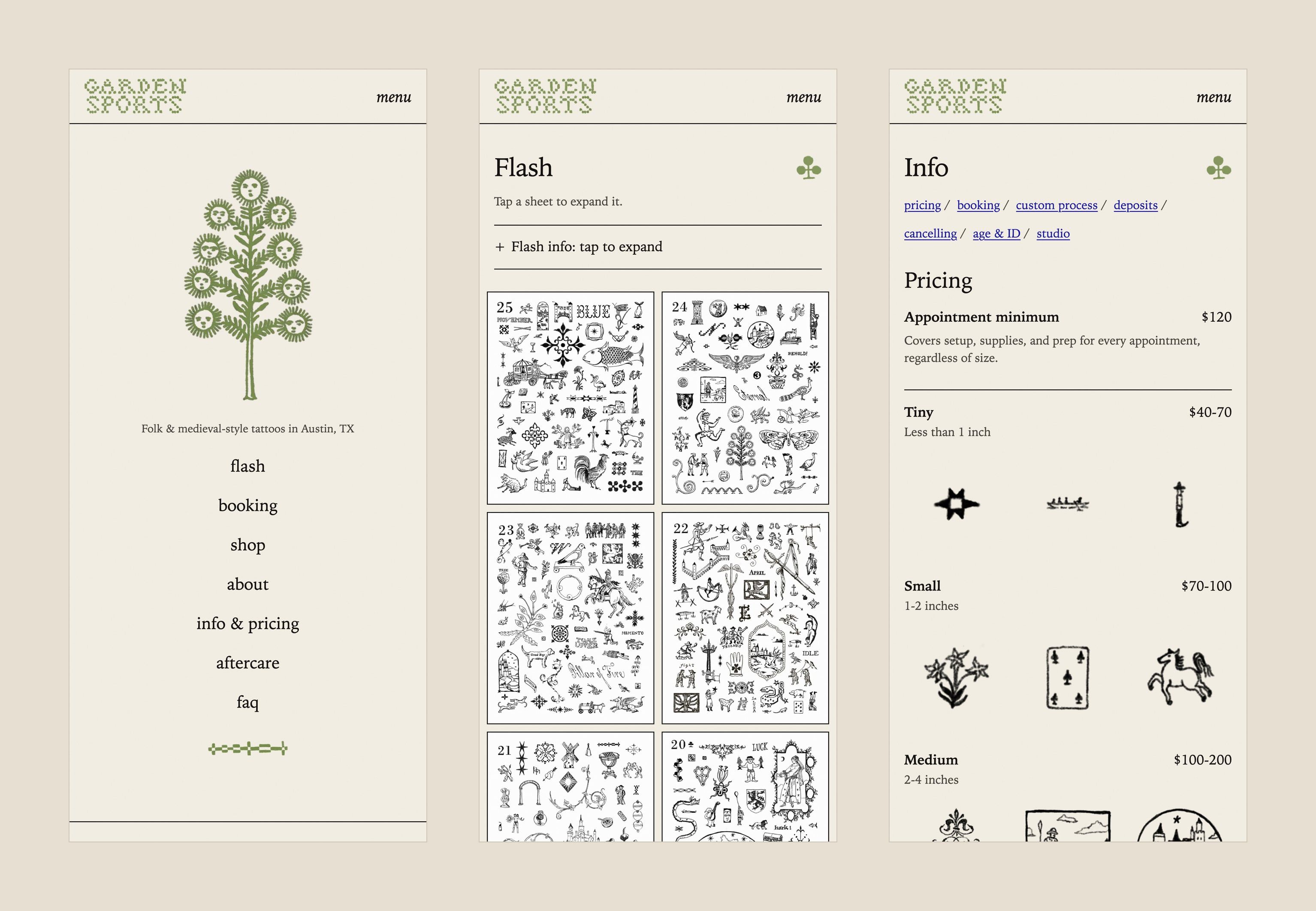 Three phone screenshots of the site, showing the home page, flash grid and info page.