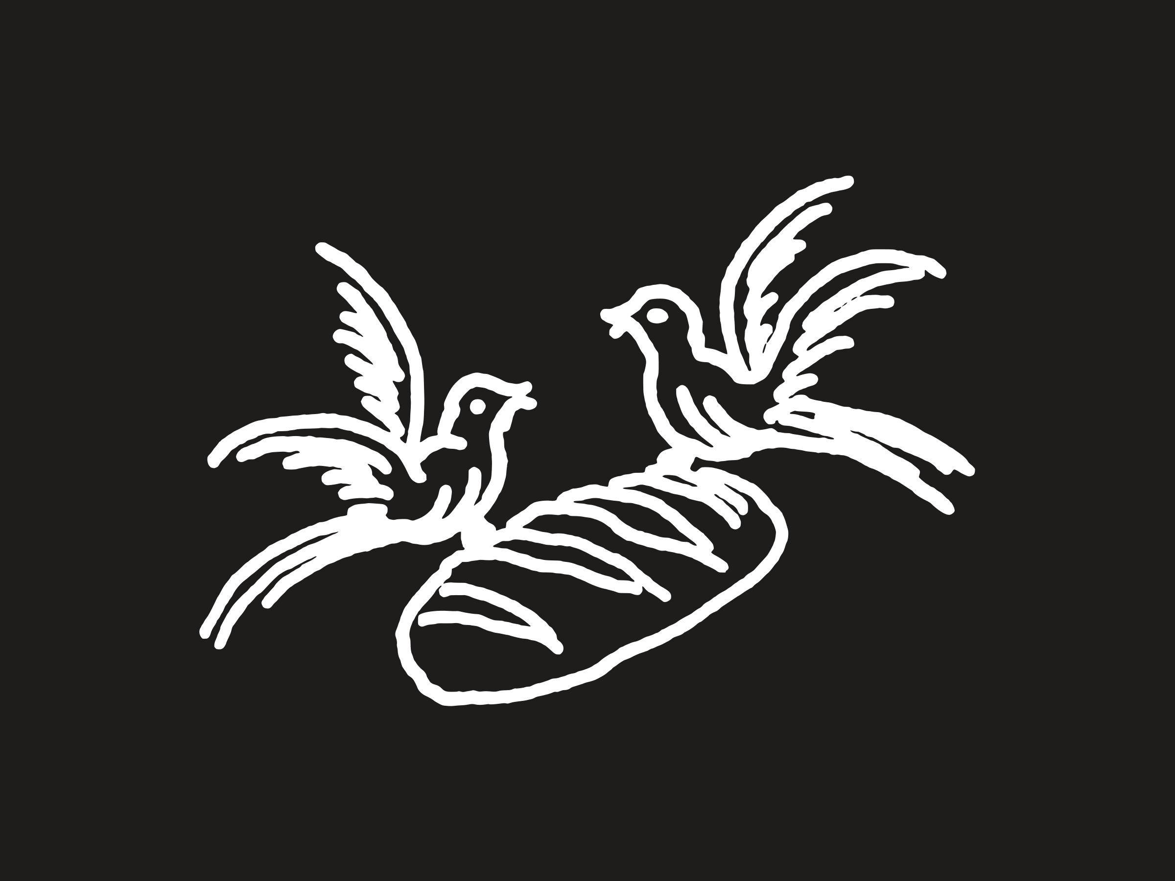Two birds perched on a long loaf of bread, white line on near-black.
