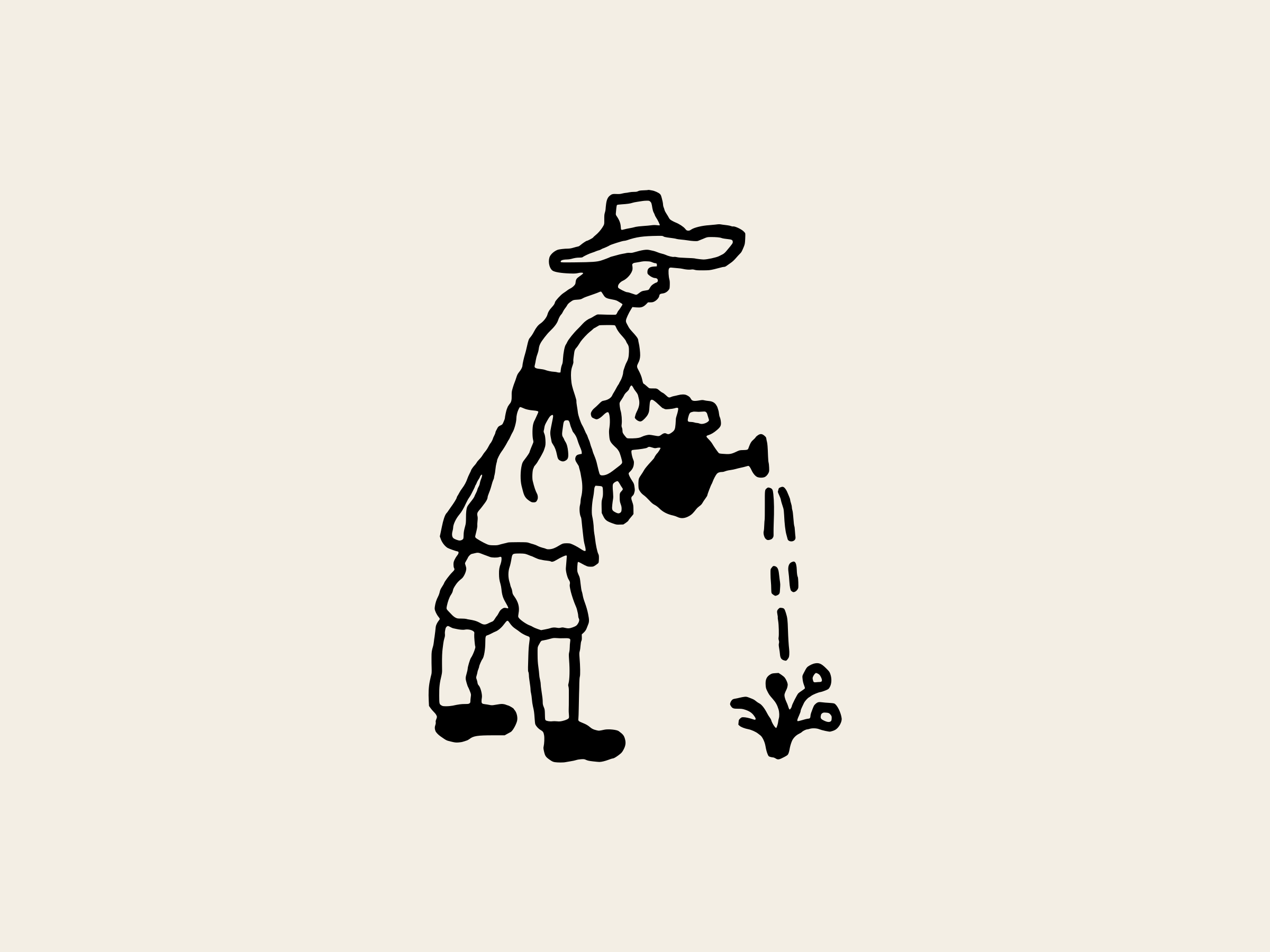 A farmer in a wide hat watering a small plant with a watering can, black on cream.