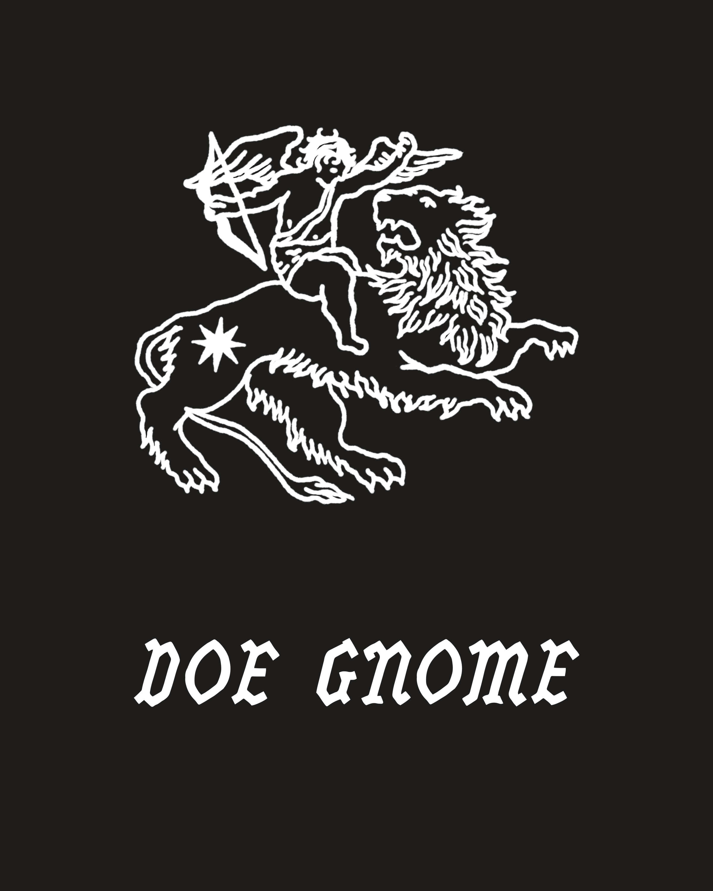 The lion and cherub above the Doe Gnome wordmark, white on near-black.