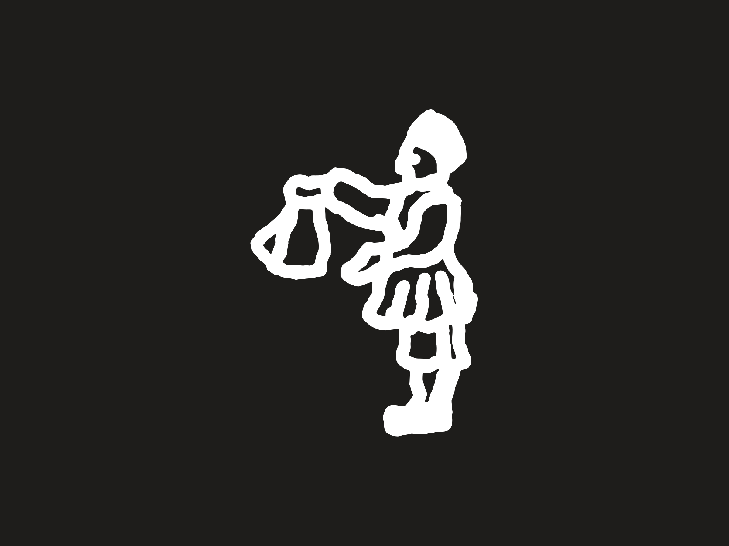 A figure holding out a bag, white on near-black.