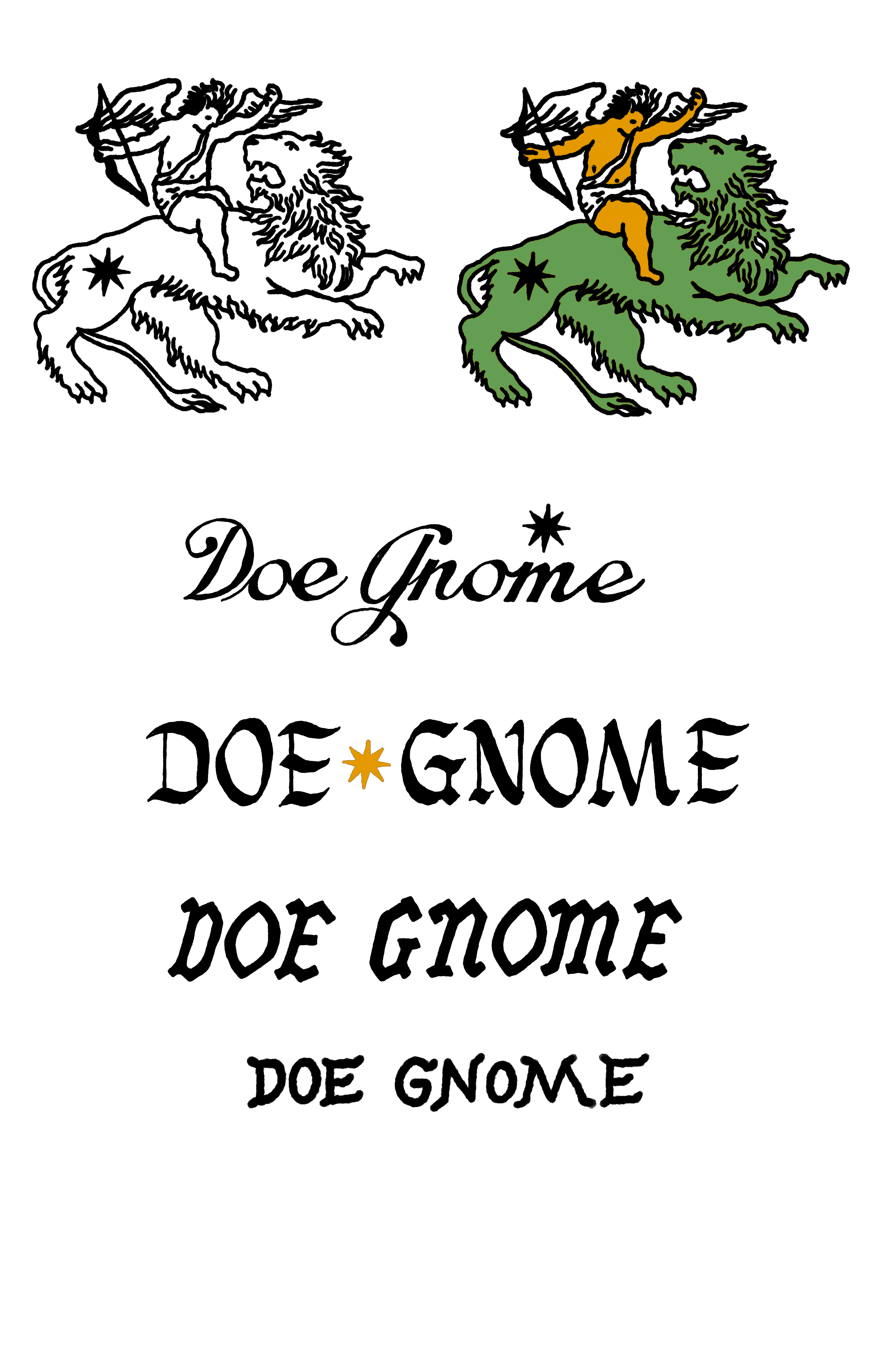 A work-in-progress sheet with the lion and cherub in line and in green and orange color, above four wordmark options in script and blackletter, one with a gold star between the words.