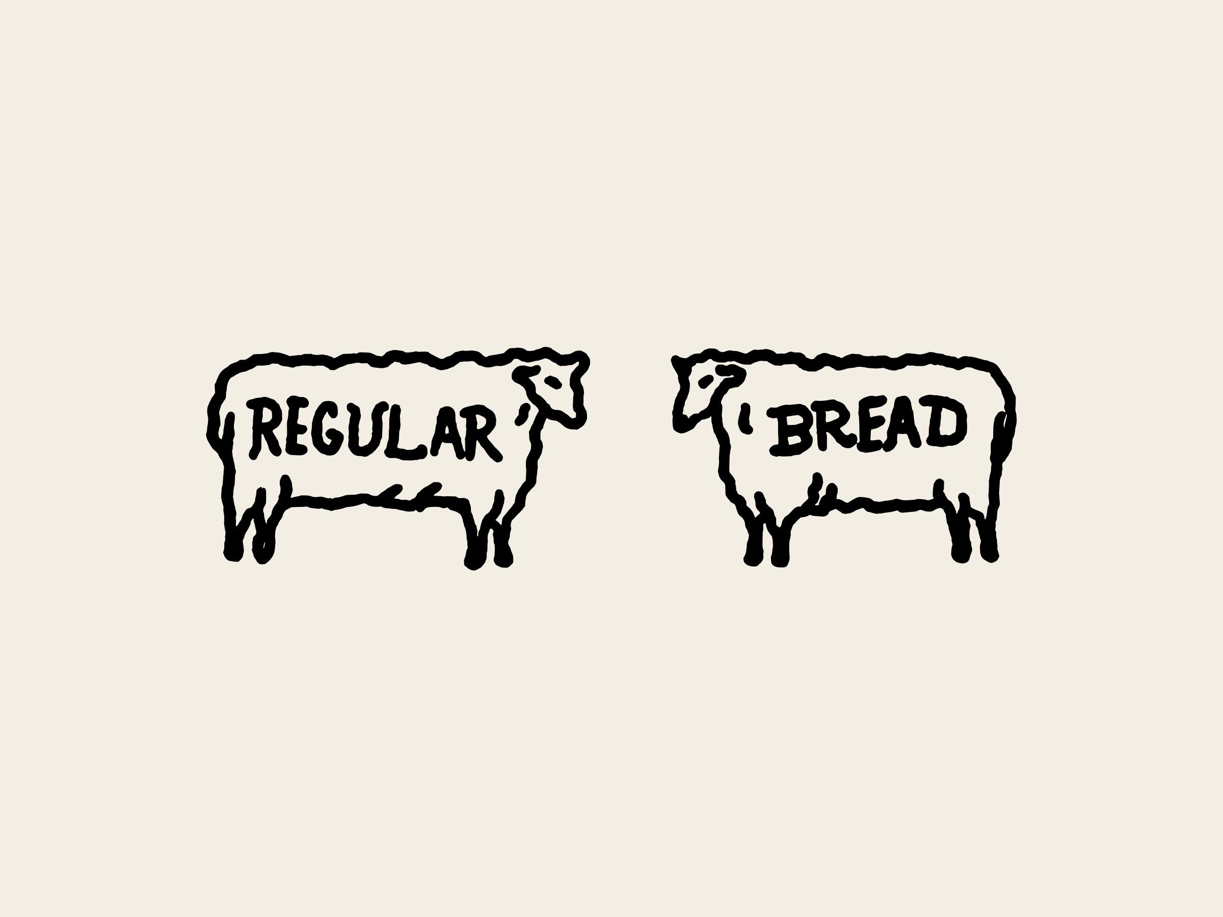Two sheep facing each other, one with Regular lettered on its side and one with Bread, black on cream.