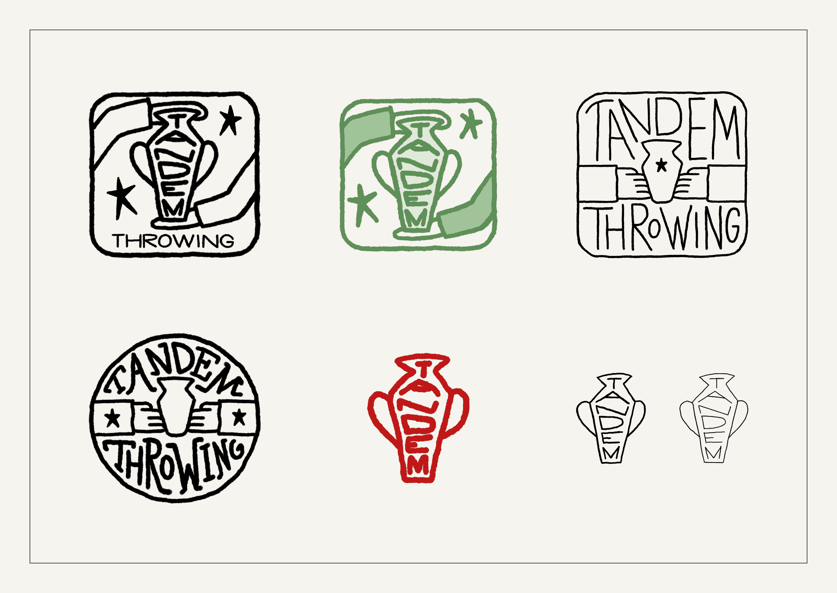A sheet of six Tandem Throwing logo concepts, including square and round badges with hands holding a vase, the vase lettered with Tandem in black, green and red, and two line-only versions.