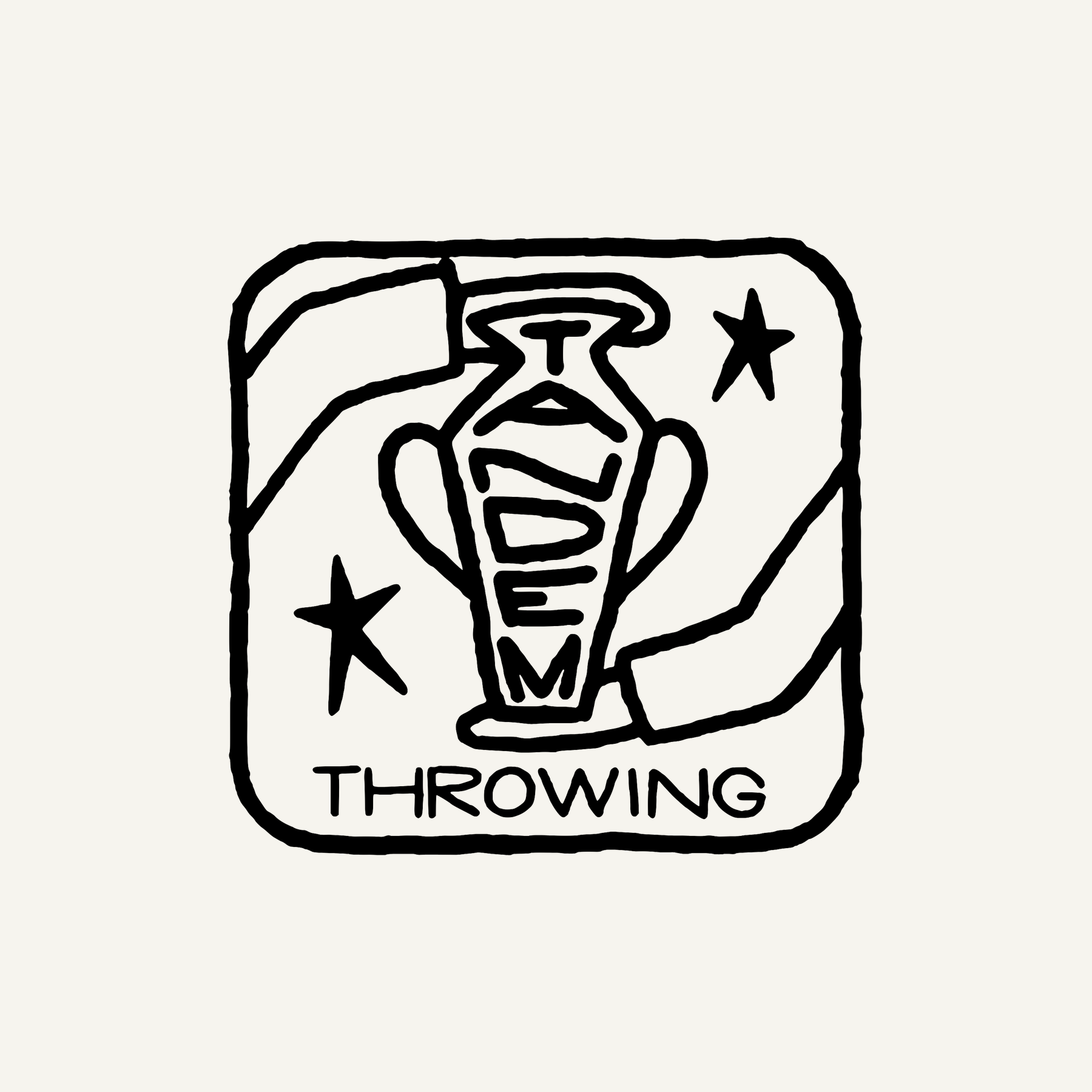 The Tandem Throwing logo in black on cream, a rounded square badge with a two-handled vase lettered with Tandem, two arms reaching in from opposite corners, two stars, and Throwing along the bottom.
